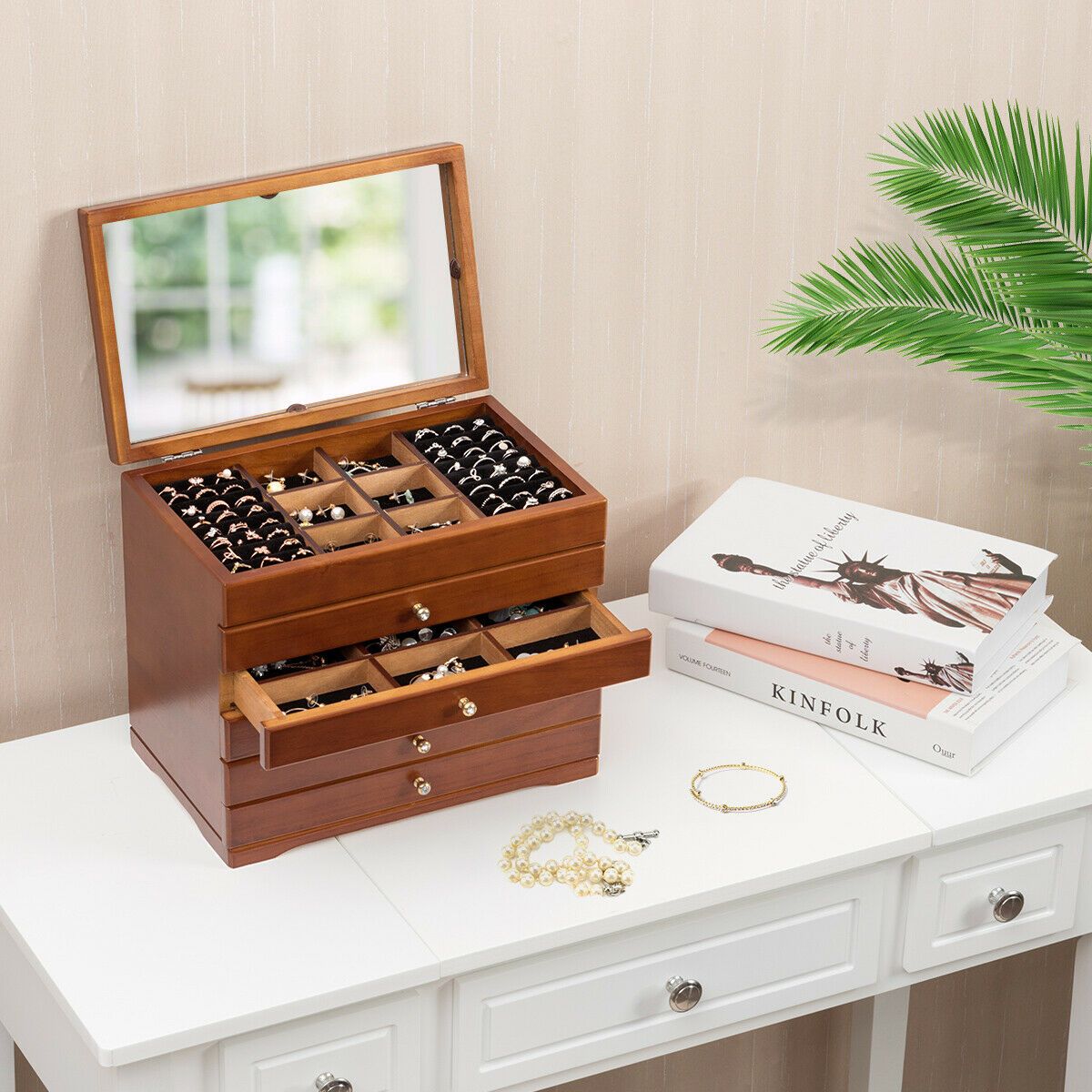 Wooden Jewellery Box with 5 Drawers and Mirror